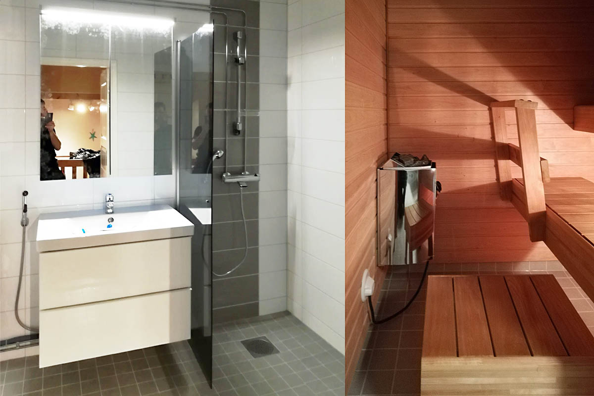 saunan ja pesutilojen rakentaminen.